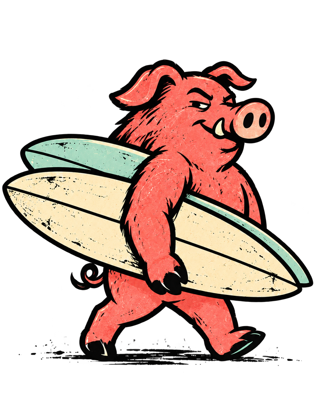 A tusked, coral-red surf hog carrying two surfboards.